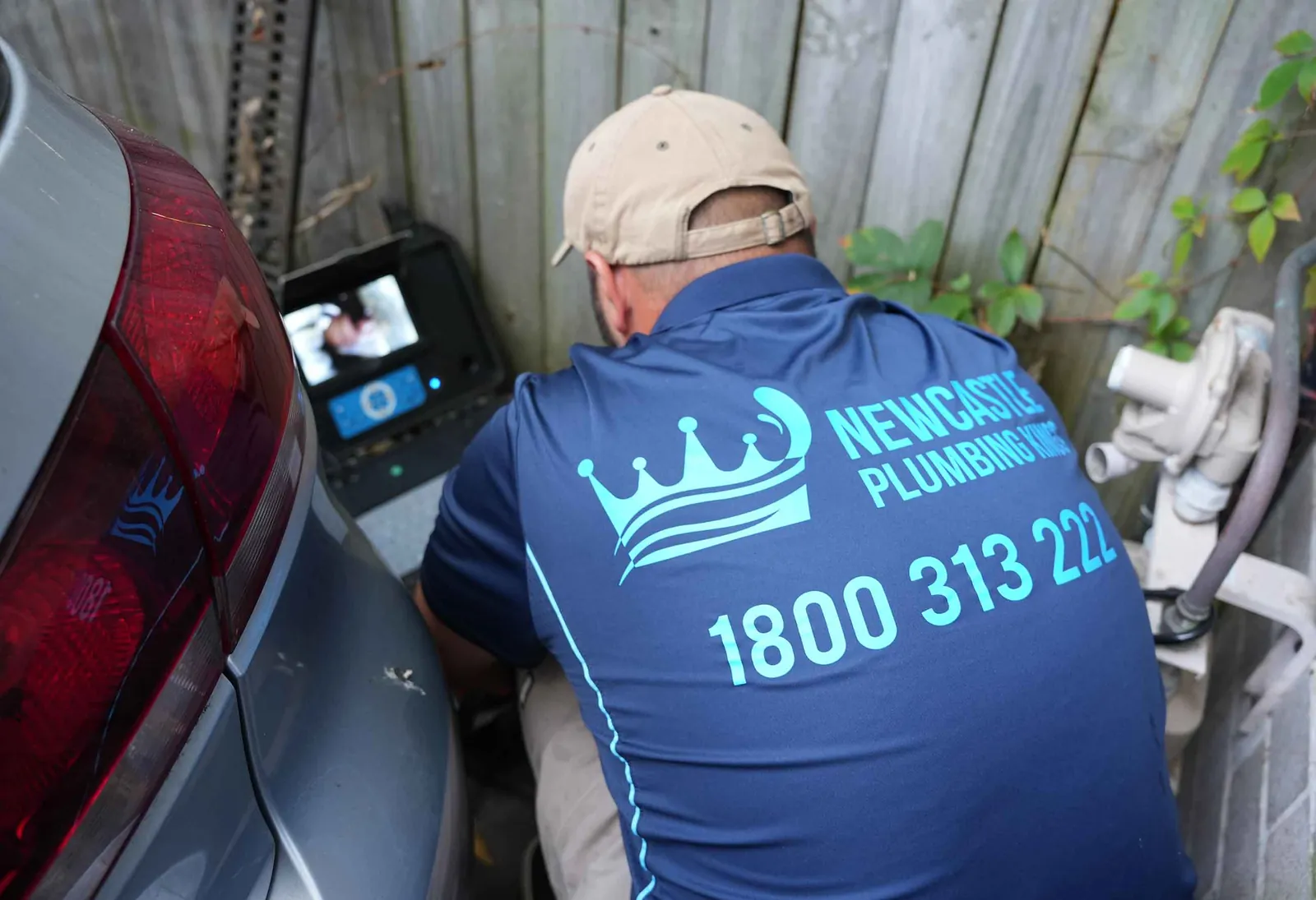 Plumber running a drain camera from beside the car
